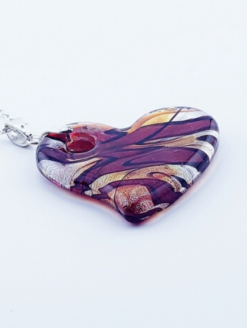 Handcrafted Purple Gold Orange Silver Blown Glass Flat Heart Pendant Necklace
